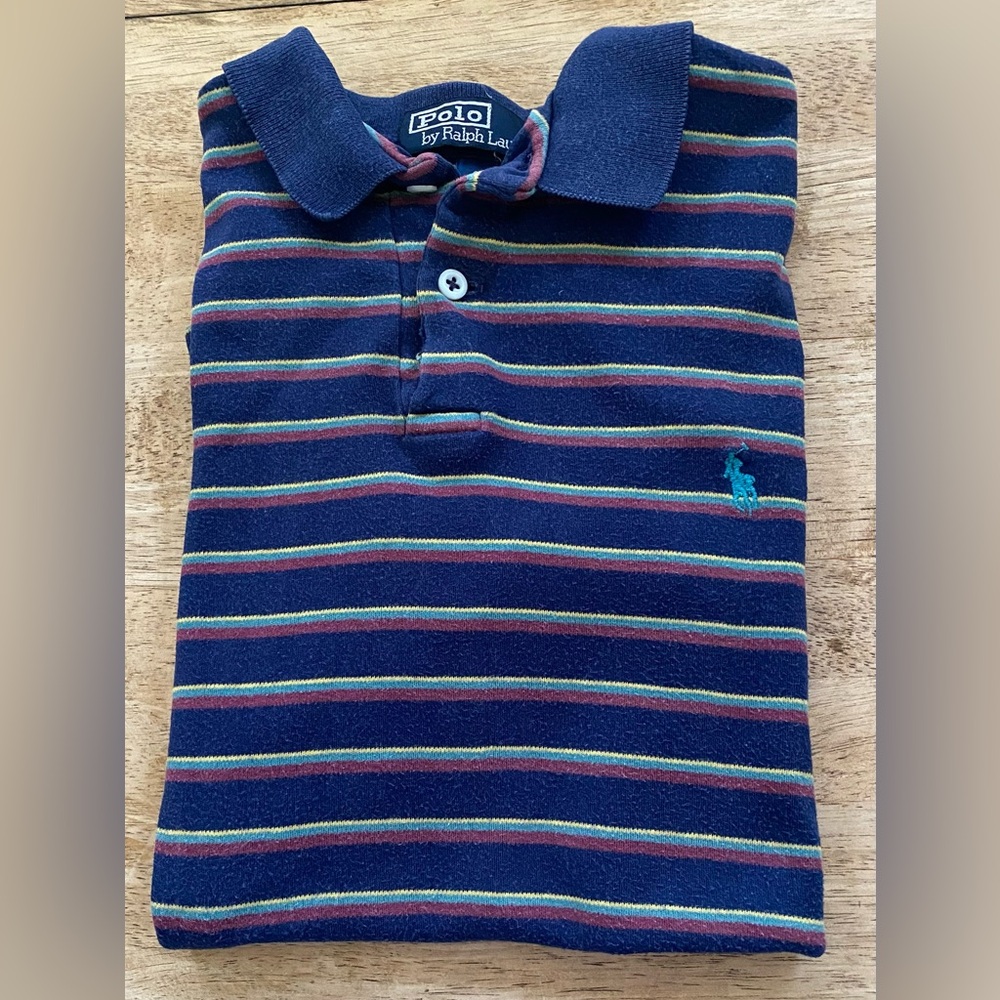 Vintage Polo Ralph Lauren Boy’s Sz S Navy Cotton Striped Short Sleeve‎ Polo